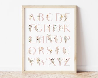 Wildflower Alphabet Poster, Floral Alphabet Print, Printable Educational Wall Art, Girls Room Decor, Boho Nursery Decor, ABC Poster Print