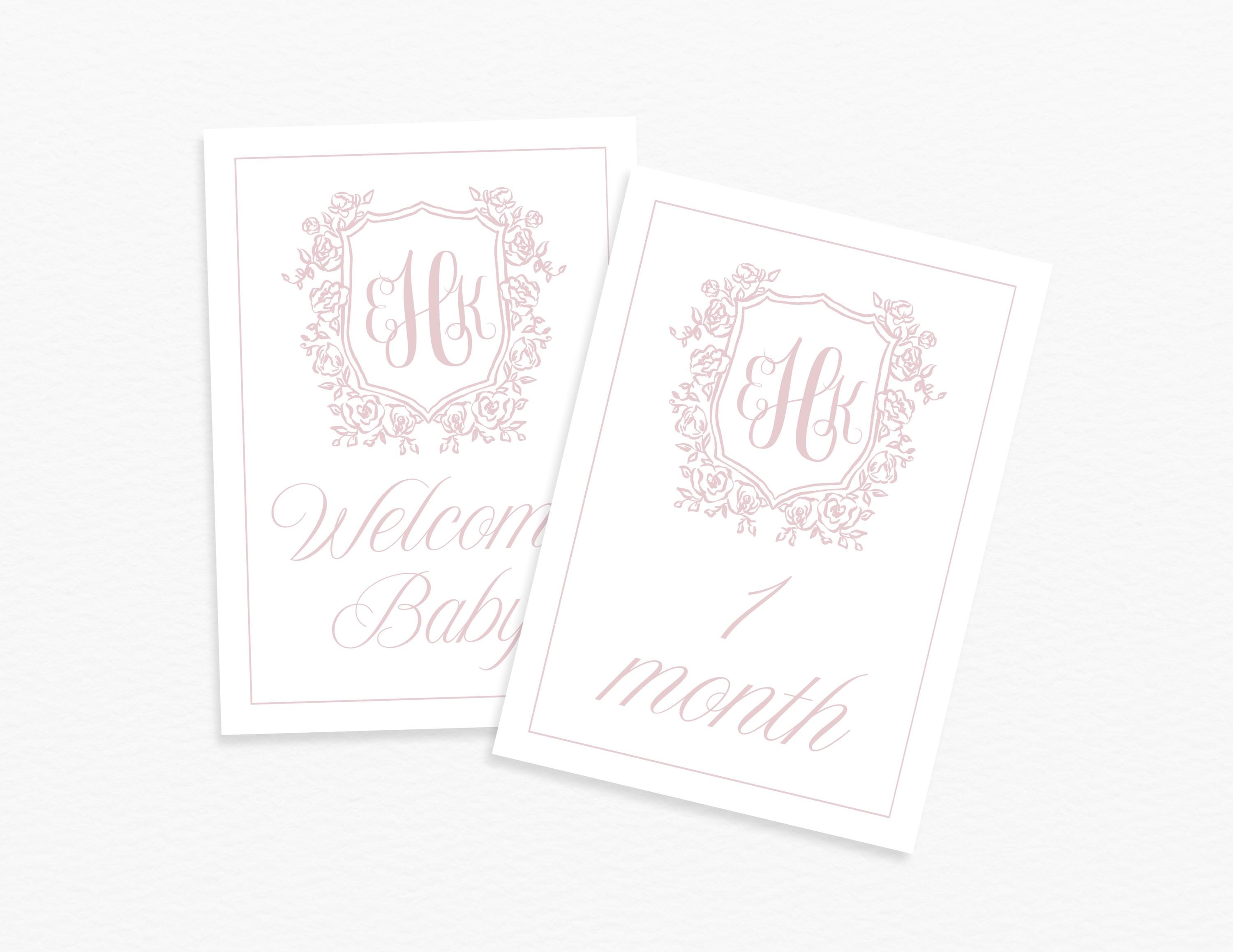 Monogram Crest Baby Milestone Cards, Blush Pink Floral Crest Milestone ...