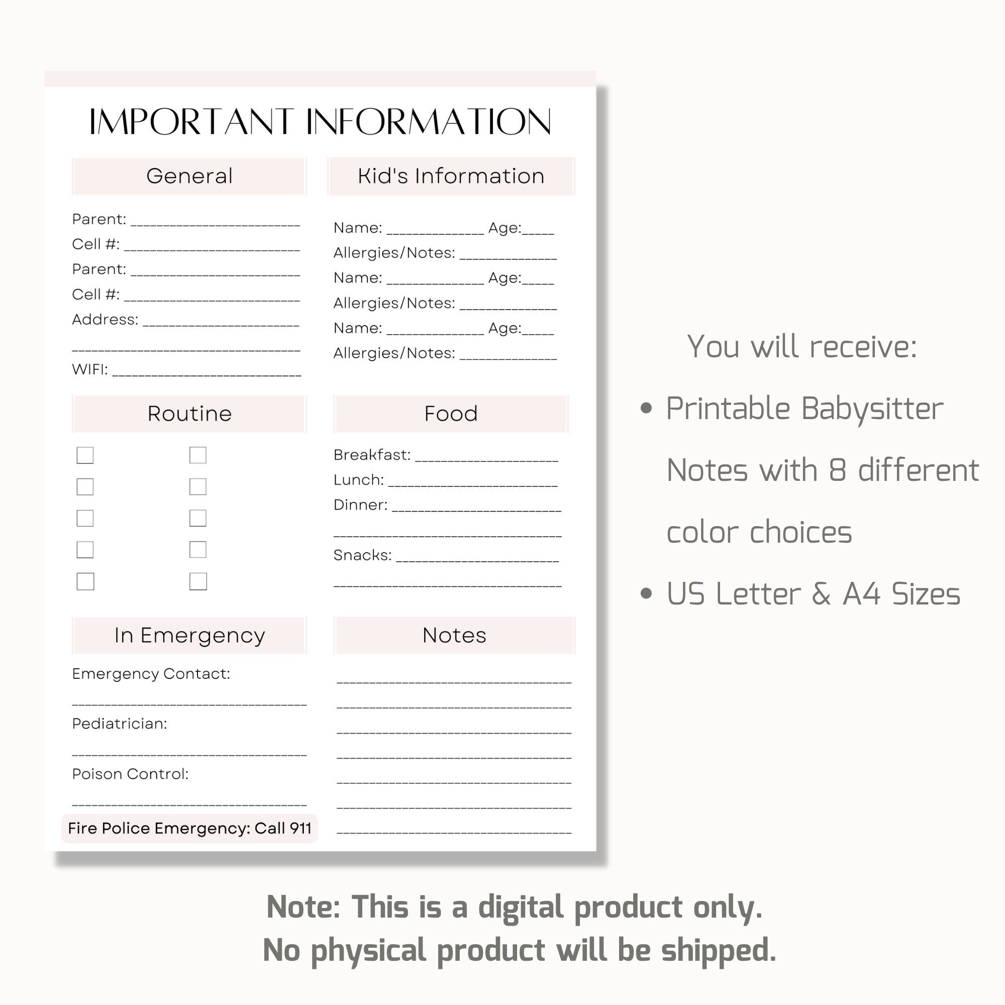 Printable Babysitter Important Information Sheet Template Nanny Notes Printable babysitter important information sheet template nanny notes