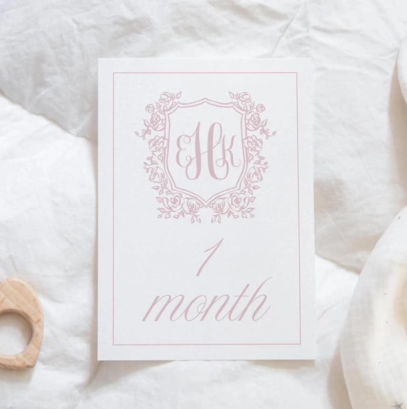 Monogram Crest Baby Milestone Cards, Blush Pink Floral Crest Milestone ...