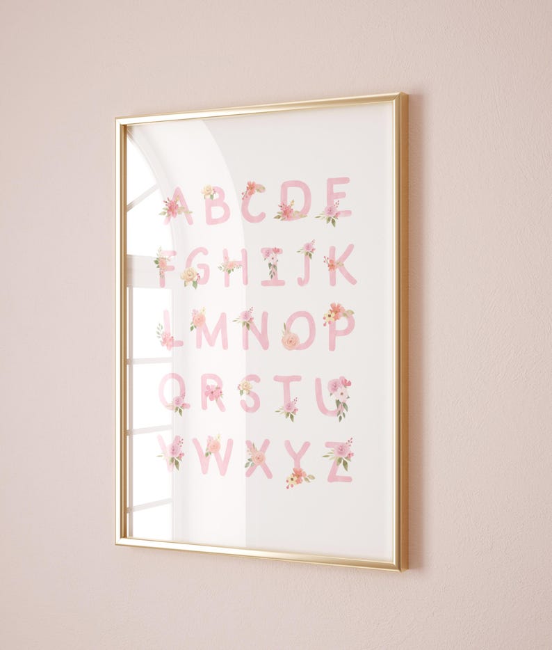 Pink Floral Alphabet Poster, Nursery Wall Art Boho, Printable Girl Wall