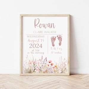 Baby Birth Stats Sign Girl, Printable Newborn Birth Details Print, Custom Baby Birth Stat, Nursery Wildflower Print, Baby Arrival Sign Print