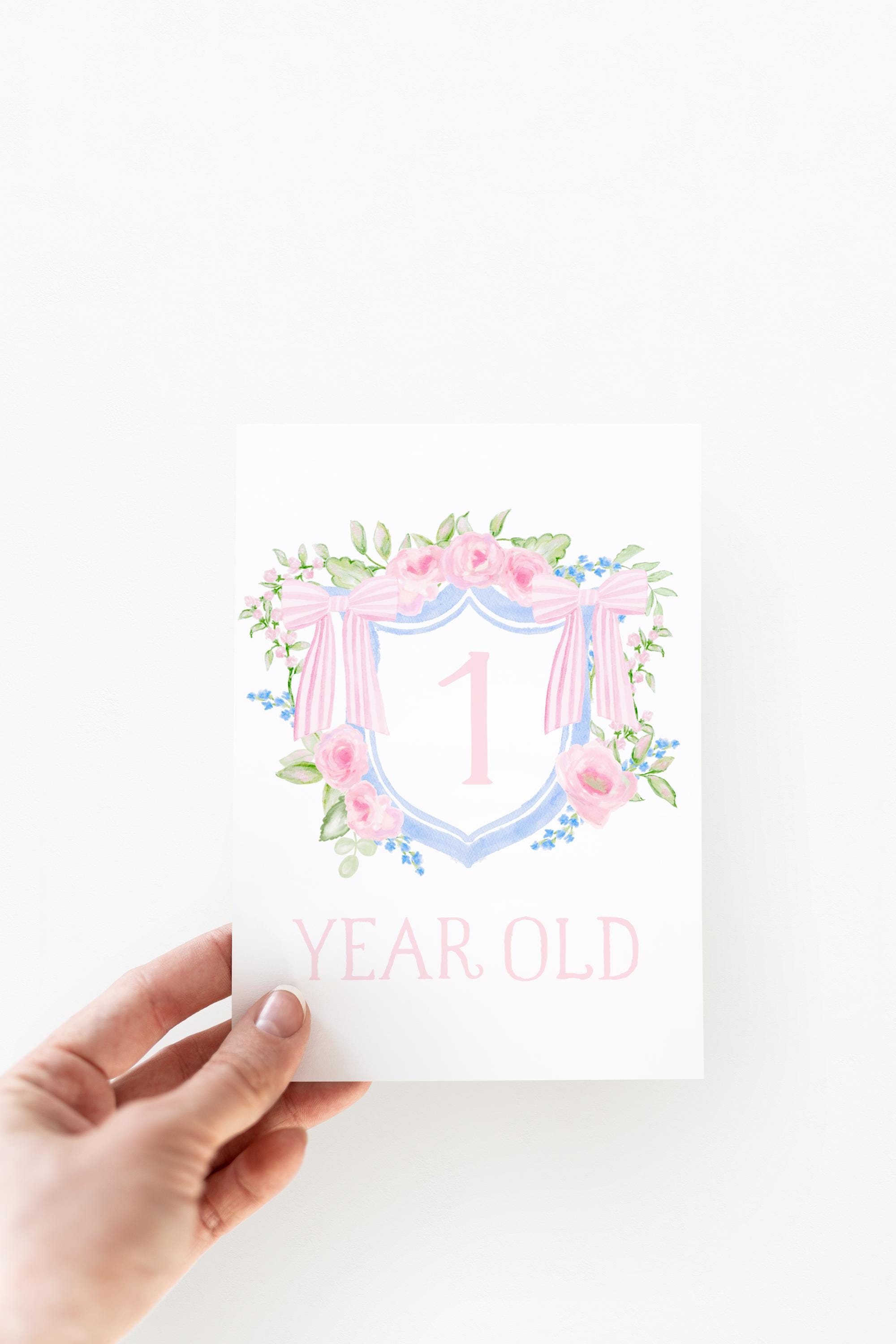 Baby Girl Milestone Cards, Watercolor Pink Floral Crest Milestone Cards ...