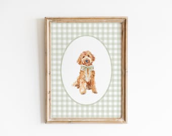 May include: A framed print of a watercolor painting of a brown dog wearing a green bow. The print is on a green and white gingham background.