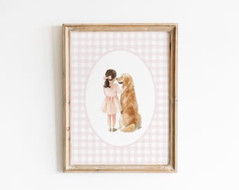 Golden Retriever with Brunette Little Girl Nursery Decor, Watercolor Dog Theme Nursery Print, Baby Girl Nursery Wall Art, Gingham Wall Print