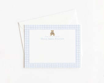 From The Nursery of Card, Personalized Vintage Teddy Bear Nursery Stationery, Custom Blue Gingham Stationery, Boy Baby Shower Thank You Card