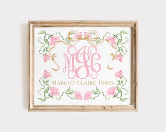 Rose Monogram Nursery Wall Art, Grandmillennial Pink and Gold Girl Nursery Print, Bow Baby Name Above Crib Wall Decor, Floral Girl Room