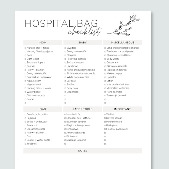 Hospital Bag Checklist Printable, Hospital Bag Packing List Template, Editable Labor and Delivery Bag Checklist, Natural Birth Checklist
