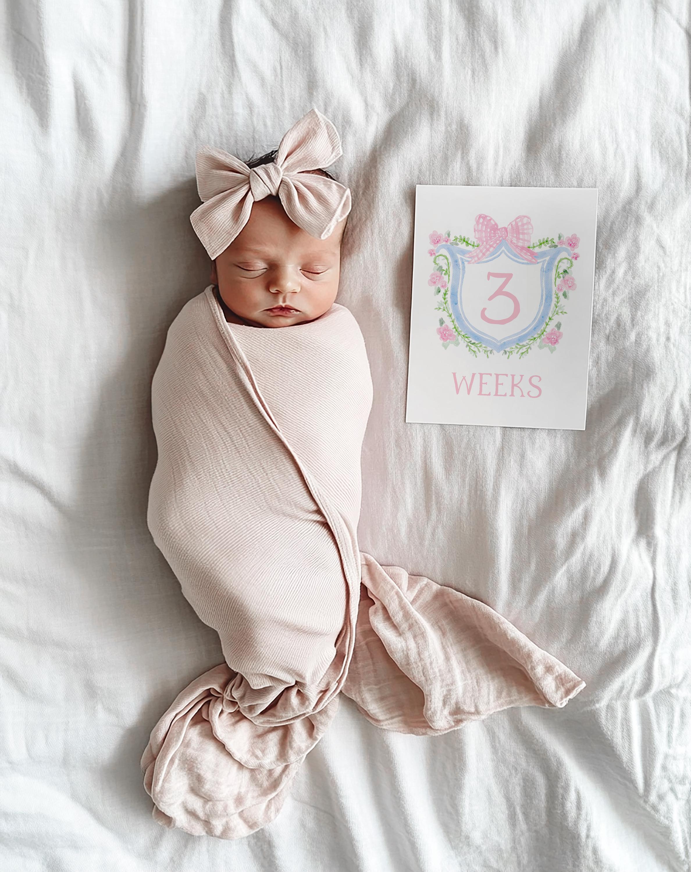 Baby Girl Milestone Cards, Watercolor Pink Floral Crest Milestone Cards ...