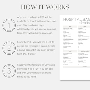 May include: A printable checklist for a hospital bag with sections for Mom, Baby, Dad, and Labor Tools. The checklist includes items such as nursing bras, pajamas, socks, slippers, a pillow, a blanket, going home outfit, postpartum underwear, nipple cream, nipple shield, a nursing pillow cover, water bottle, glasses, snacks, a swaddle, going home outfit, sleepers, a receiving blanket, socks, mittens, hats, bows, a name announcement sign, a birth announcement outfit, white noise machine, a car seat, a pacifier, a baby book, a diaper bag, comfortable outfits, pajamas, socks, underwear, a sweatshirt, glasses, contacts, a pillow, a blanket, cash, snacks, a water bottle, toiletries, a handheld fan, essential oils diffuser, a Bluetooth speaker, a playlist and headphones, a birth gown, affirmation cards, a birth comb, and massage lotion.