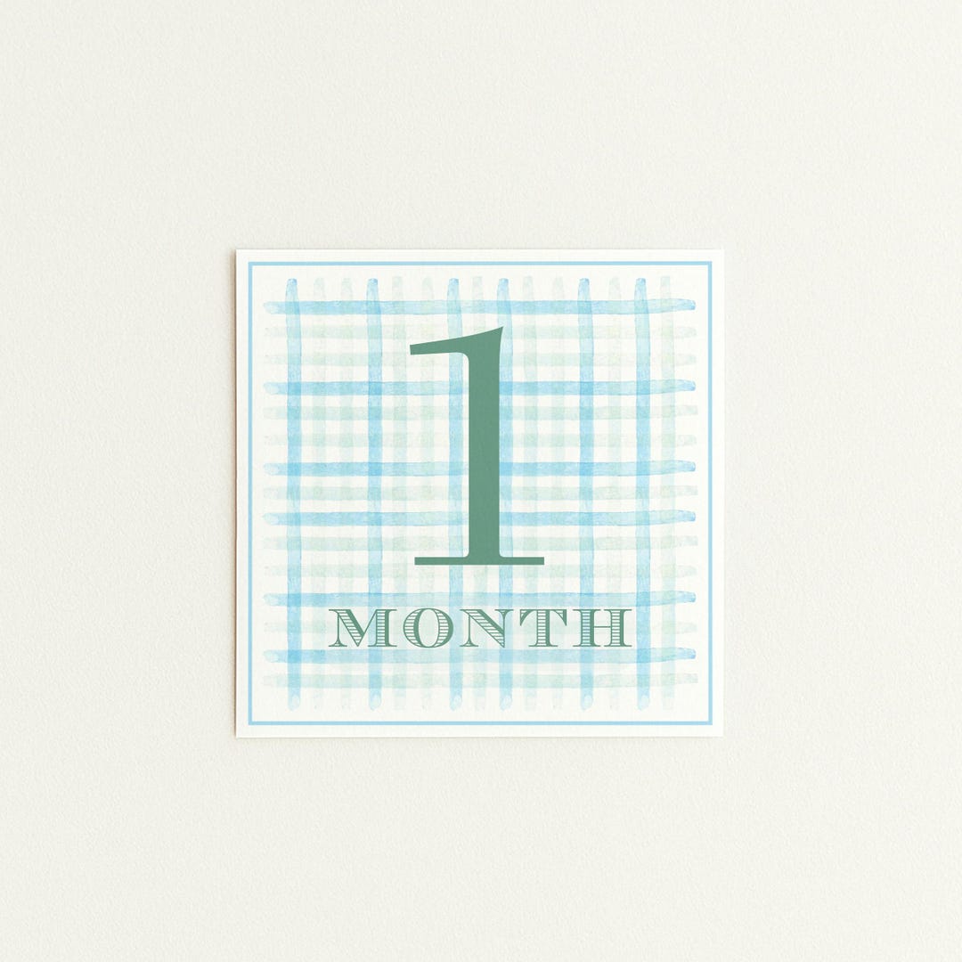 Watercolor Blue and Green Gingham Milestone Cards, Baby Boy Milestone ...