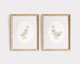 Goose Nursery Print Set, Vintage Goose Nursery Art, Baby Girl Nursery, Duck Gingham Nursery Decor Neutral, Coquette Goose Pink Bow Wall Art