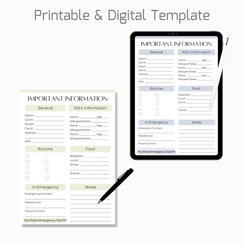 Printable Form for Babysitter Emergency Contact Form - Etsy