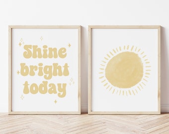 Printable Wall Art Boho, Set of 2 Shine Bright Today Sun Prints, Neutral Nursery, Sunshine Print, Watercolor Nursery Print, Girl Wall Art