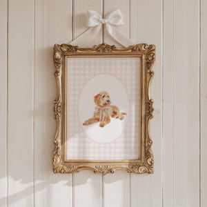 Laying Golden Doodle Nursery Decor, Watercolor Dog Nursery Print, Baby Girl Nursery, Pink Gingham Wall Print, Coquette Pink Puppy Nursery