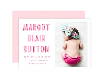 Printed Baby Girl Birth Announcement Cards, Modern Pink Newborn Announcement, Horizontal Double Sided Photo Baby Birth Announcement Card