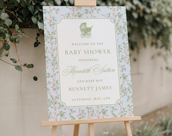 Printable Chinoiserie Baby Shower Welcome Sign, Baby Boy Blue and Green Floral Baby Sprinkle Sign, Baby Shower Decor, Welcome Poster