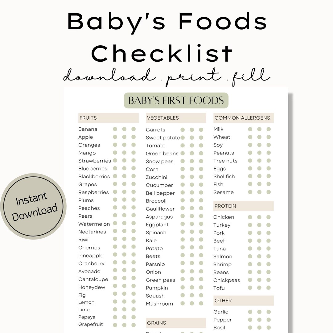 Baby's First Foods Checklist Baby Food Tracker Baby Food - Etsy
