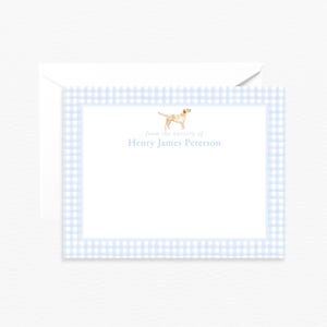 Aus dem Kinderzimmer der Karte, personalisiertes gelbes Labrador-Kinderzimmer-Briefpapier, kundenspezifisches blaues Gingham-Briefpapier, Jungen-Hund-Babyparty Danke