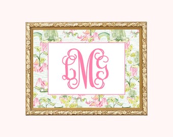 Chinoiserie Monogram Wall Art, Custom Dorm Room Decor, Pink and Green Initials Print, Monogram Girls Wall Art, Grandmillennial Nursery