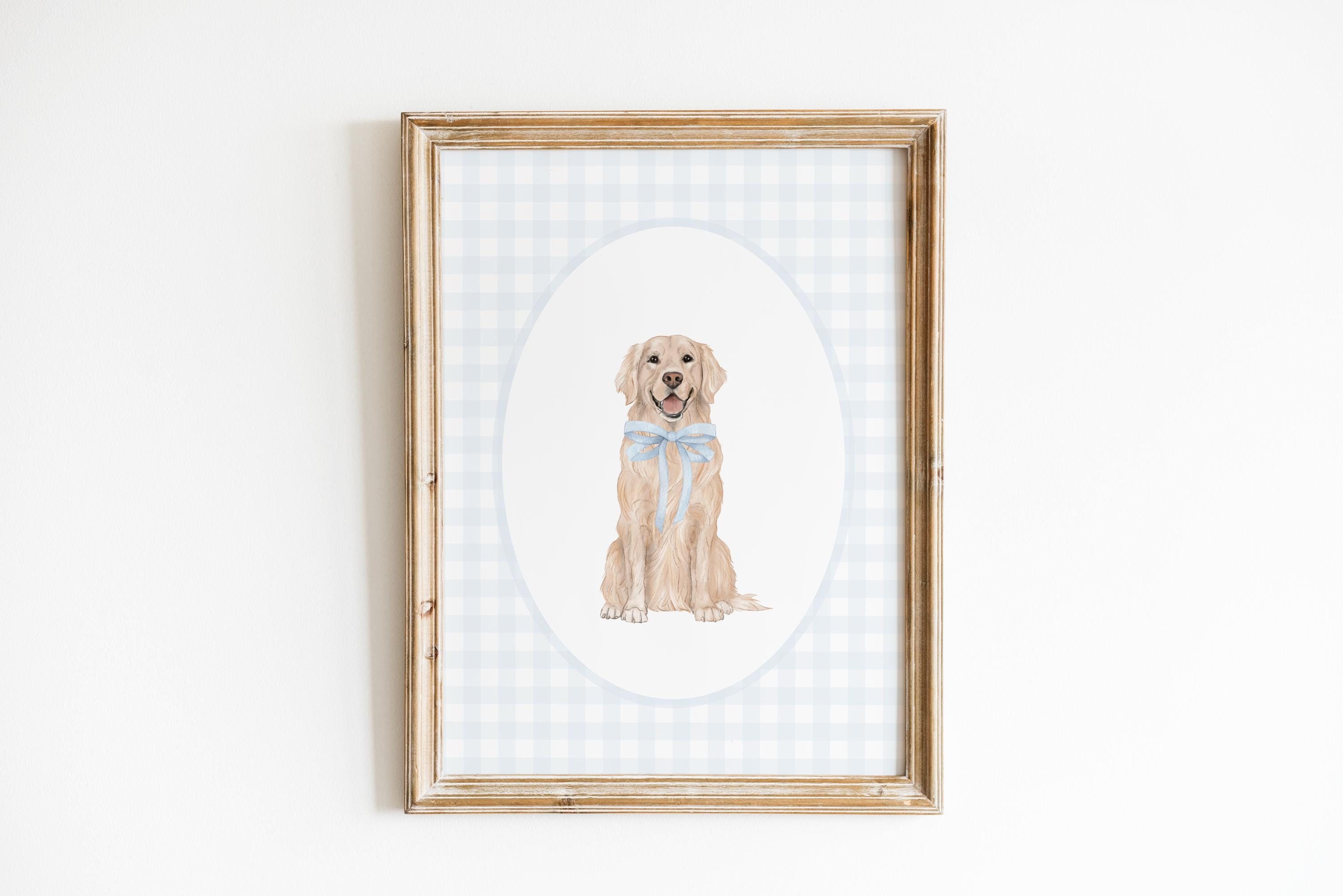 Golden Retriever Nursery Print, Custom Watercolor Dog Nursery Art, Baby Boy Nursery, Blue Gingham Puppy Nursery Decor, Blue Bow Nursery Art