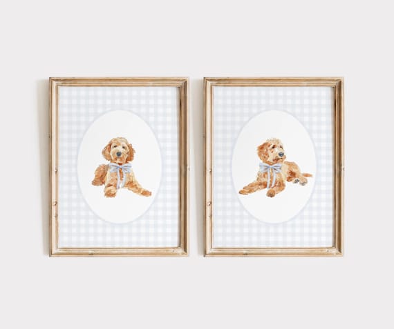 Golden Doodle Nursery Print Set, Watercolor Dog Nursery Print, Baby Boy Nursery, Blue Gingham Wall Print, Classic Blue Bow Doodle Nursery