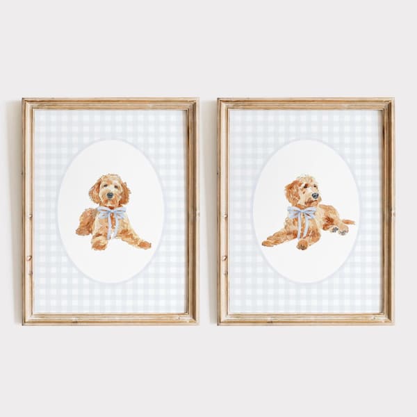 Golden Doodle Nursery Print Set, Watercolor Dog Nursery Print, Baby Boy Nursery, Blue Gingham Wall Print, Classic Blue Bow Doodle Nursery