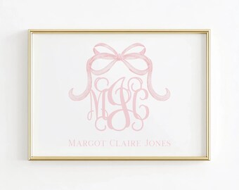 Monogram Nursery Wall Art, Grandmillennial Nursery, Blush Pink Bow Girl Nursery Print, Bow Baby Name Above Crib Wall Decor, Girl Room Decor