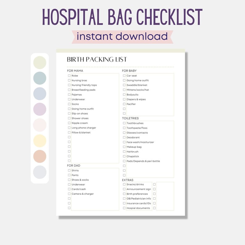 Hospital Bag Packing List, Birth Packing List, Labor and Delivery Checklist, Birth Bag Checklist