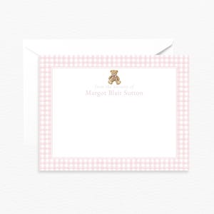 From The Nursery of Card, Personalized Vintage Teddy Bear Nursery Stationery, Custom Pink Gingham Stationery, Girl Baby Shower Thank You