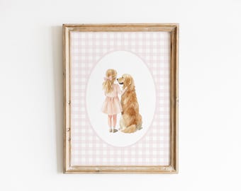 Golden Retriever with Blonde Little Girl Nursery Decor, Watercolor Dog Theme Nursery Print, Baby Girl Nursery Wall Art, Pink Bow Gingham