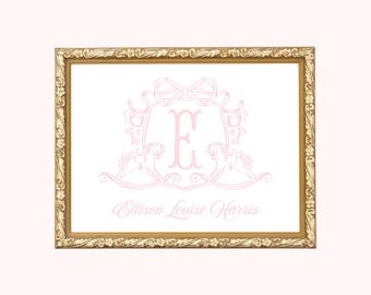 Rocking Horse Monogram Crest Nursery Wall Art, Grandmillennial Nursery, Classic Pink Nursery Print, Baby Name Above Crib Decor Girl Room