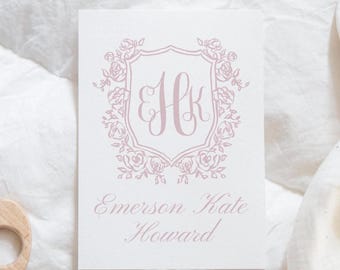Pink Floral Crest Monogram Baby Girl Bassinet Sign, Custom Monogram Hospital Baby Sign, Baby Name Sign, Welcome Baby, Birth Announcement