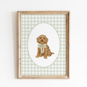 Cockapoo Nursery Print, Custom Watercolor Dog Girl Nursery Art, Baby Boy Nursery, Sage Green Gingham Doodle Puppy Nursery Decor, Dog Bow Art