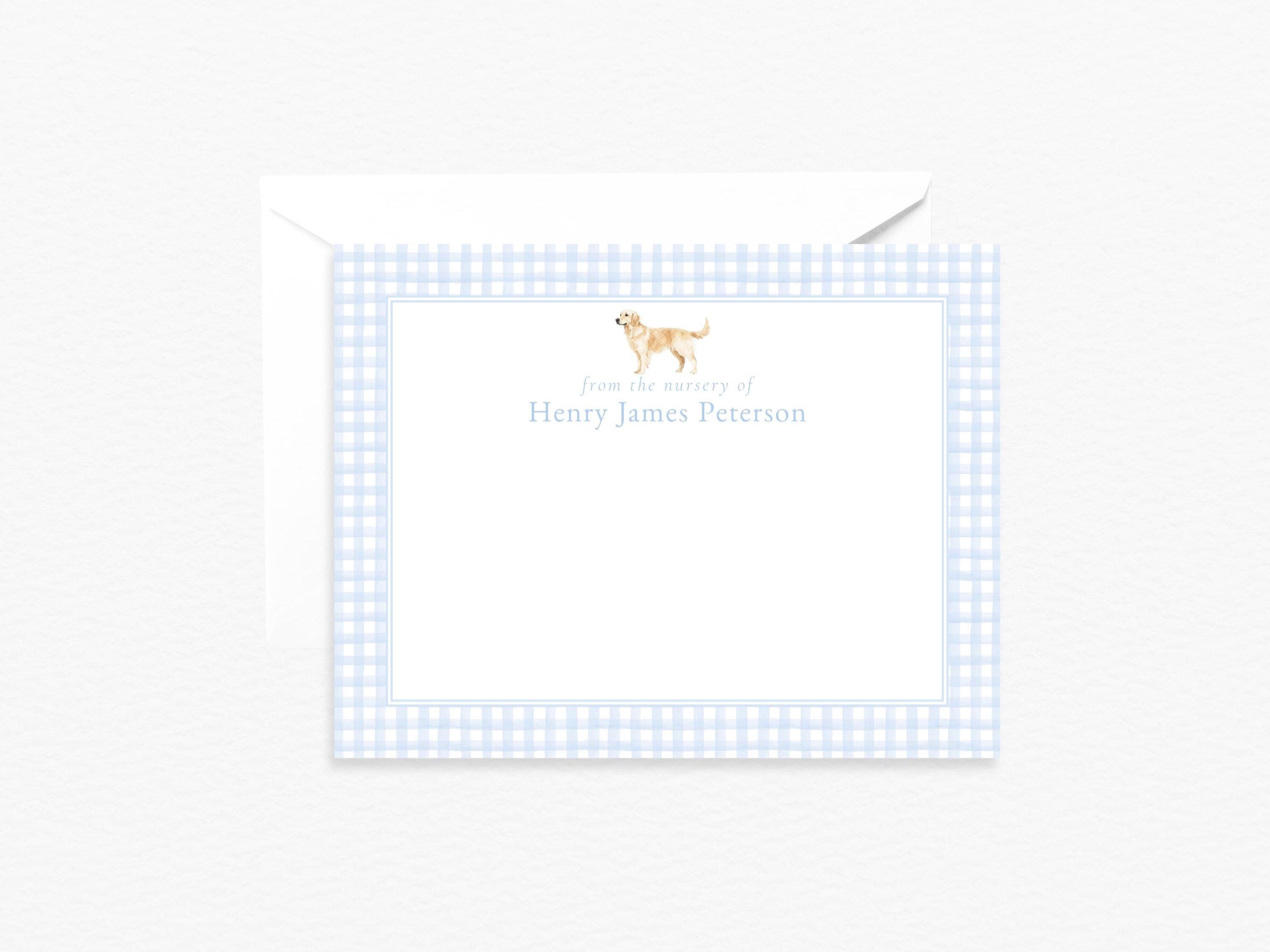 Carte de vœux pour chambre d'enfant, décoration de chambre d'enfant personnalisée Golden Retriever, papeterie personnalisée Vichy bleu, cadeau de naissance pour garçon et chien