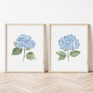 Blue Hydrangea Print Set, Baby Girl Nursery, Soft Blue Floral Nursery Print, Watercolor Botanical Home Decor, Simple Floral Girl Room Decor
