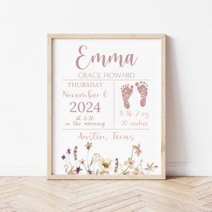 Baby Birth Stats Sign Girl, Printable Newborn Birth Details Print, Custom Baby Birth Stat, Nursery Wildflower Print, Baby Arrival Sign Print
