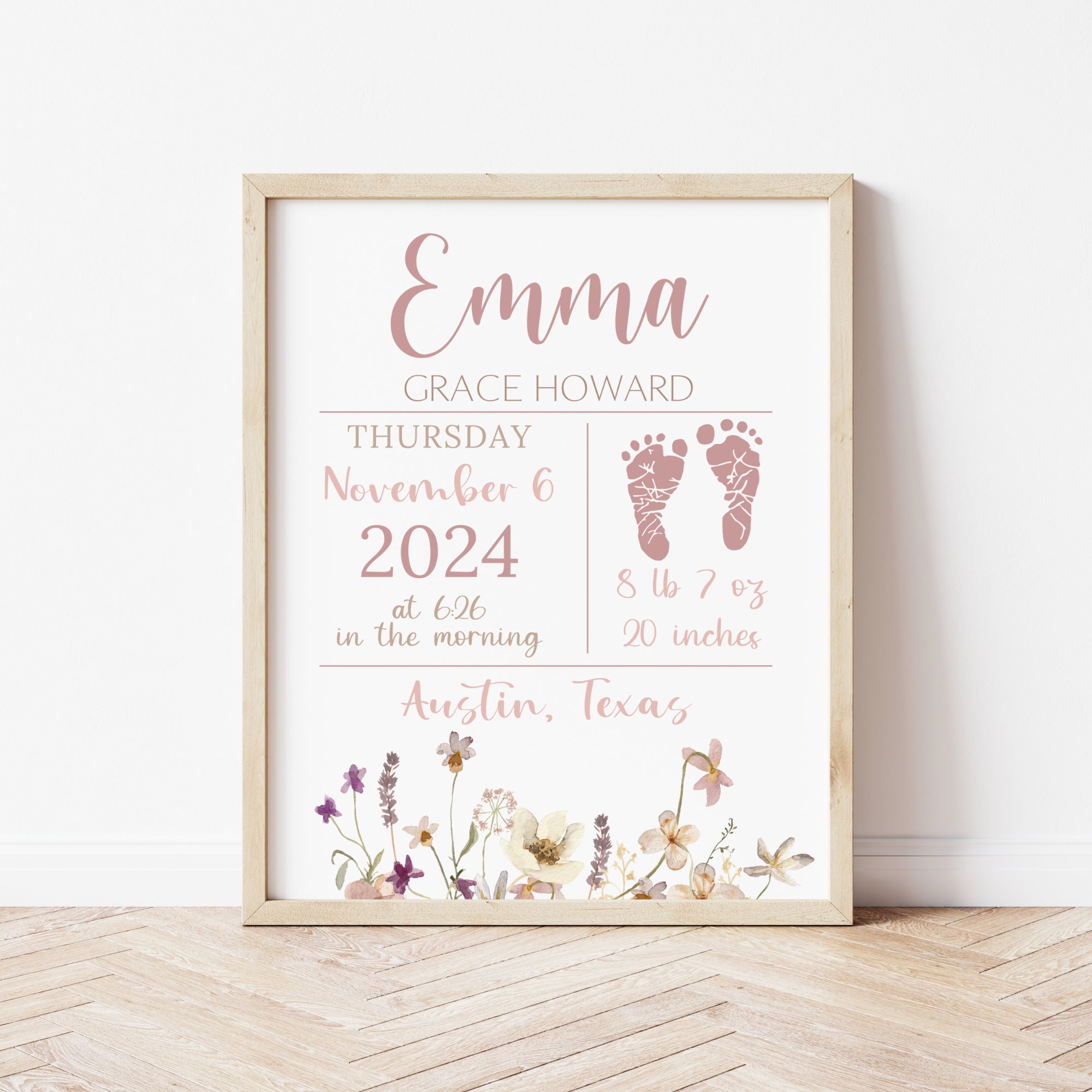 Baby Birth Stats Sign Girl, Printable Newborn Birth Details Print ...