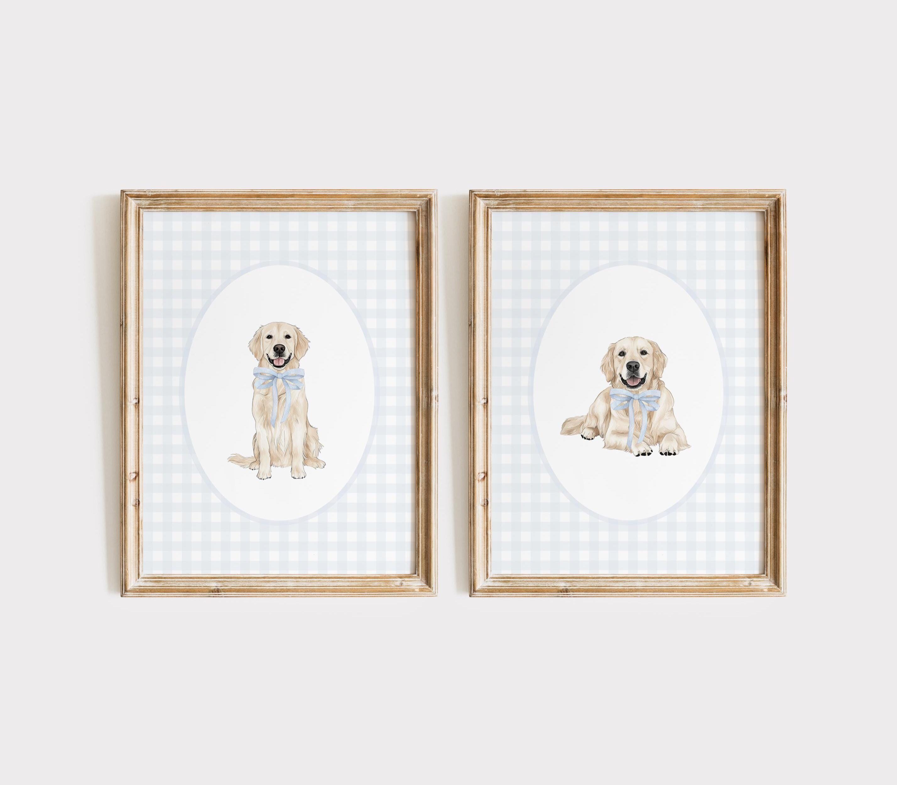 Light Golden Retriever Nursery Print Set, Watercolor Dog Wall Art, Blue Nursery, Boy Gingham Wall Print, Blue Bow, Girl Nursery Dog Wall Art