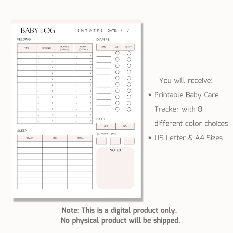 Baby Care Daily Log, Baby Feeding Log, Breastfeeding Log, Infant Daily Log, Printable Baby