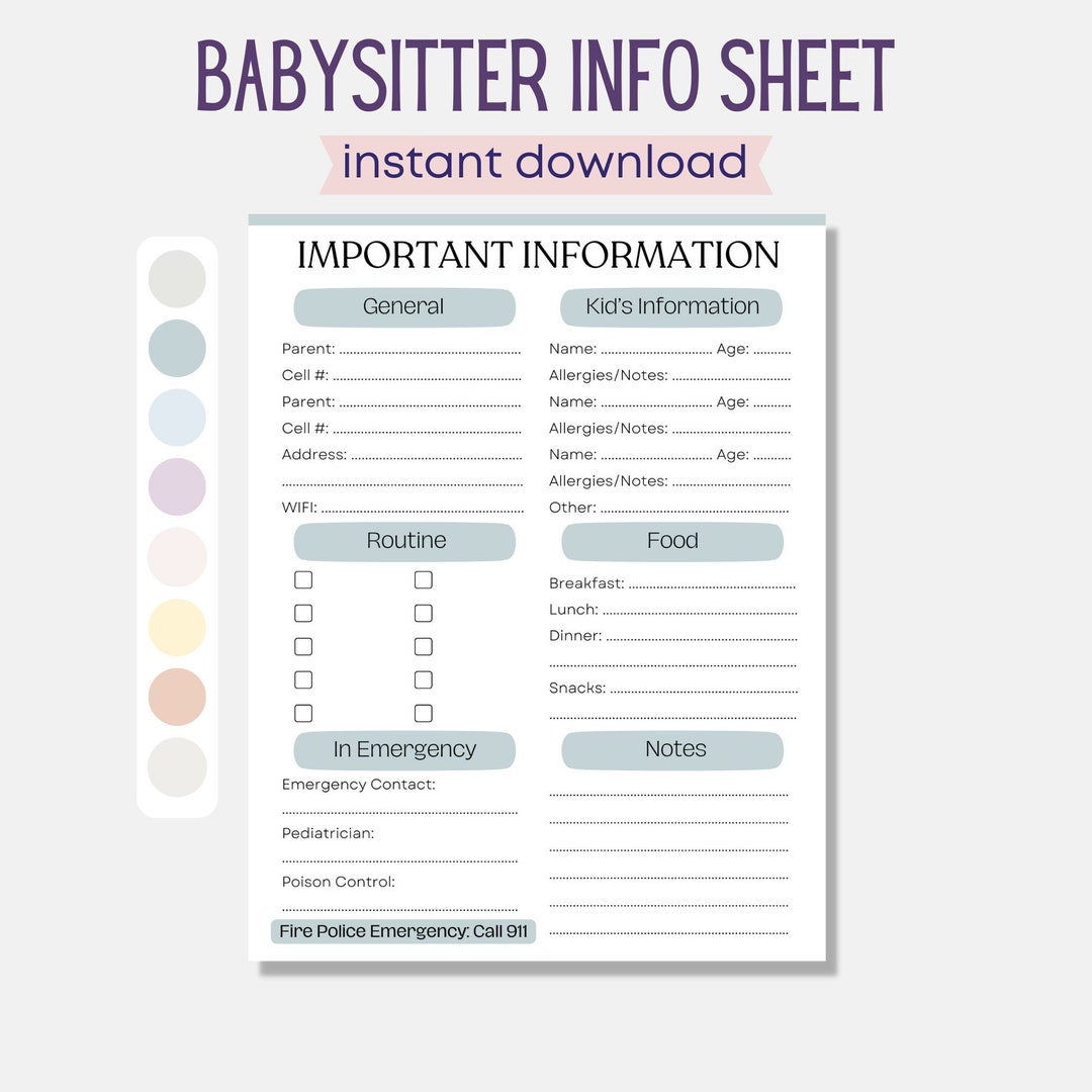 Printable Babysitter Information Sheet Template Nanny Notes Etsy