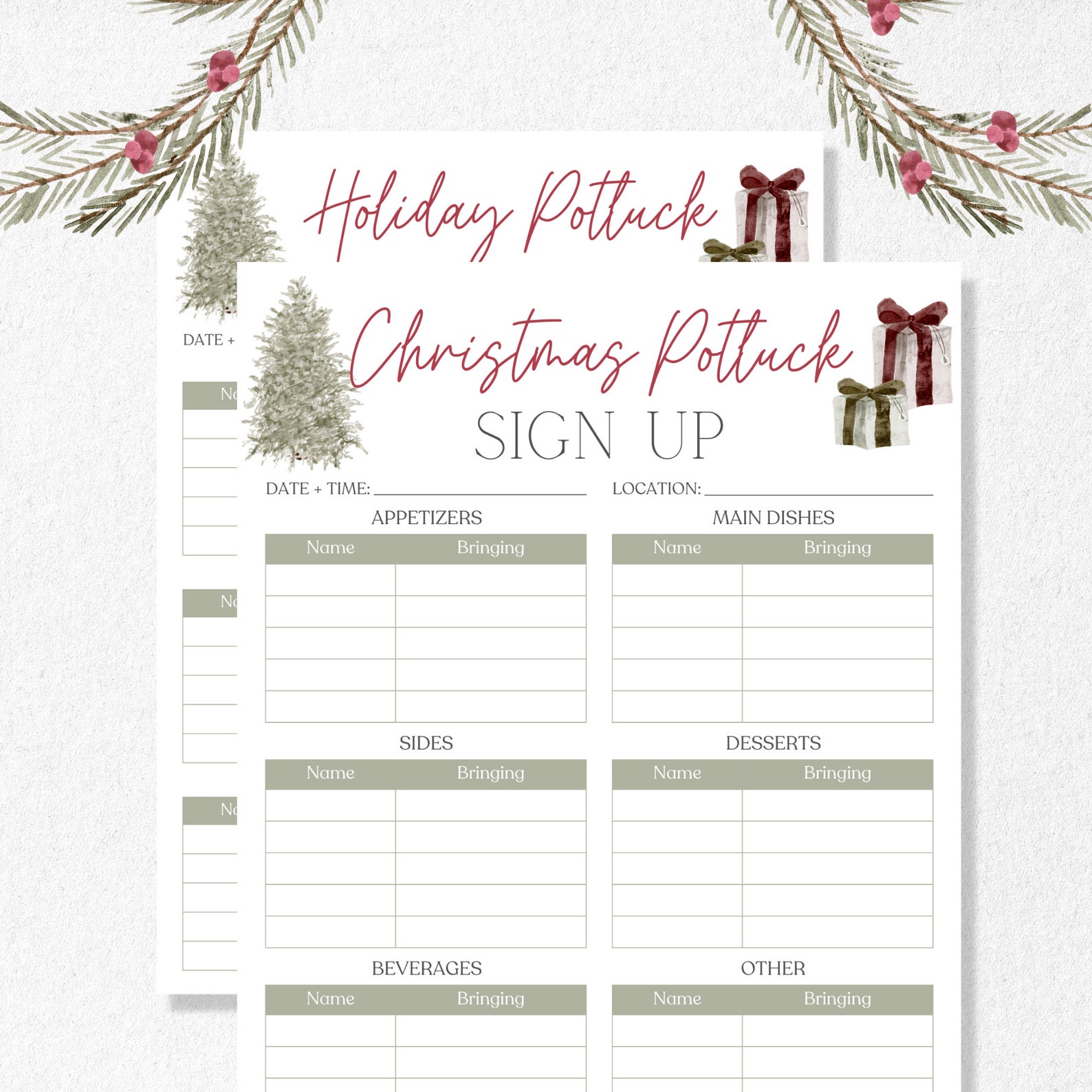 Christmas Potluck Sign up Sheet, Holiday Potluck Sign Up, Printable