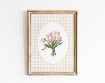 Estampado de tulipanes rosas, habitación infantil de niña en tonos neutros, estampado floral en acuarela rosa suave, decoración botánica para el hogar, decoración floral sencilla para habitación de niña.