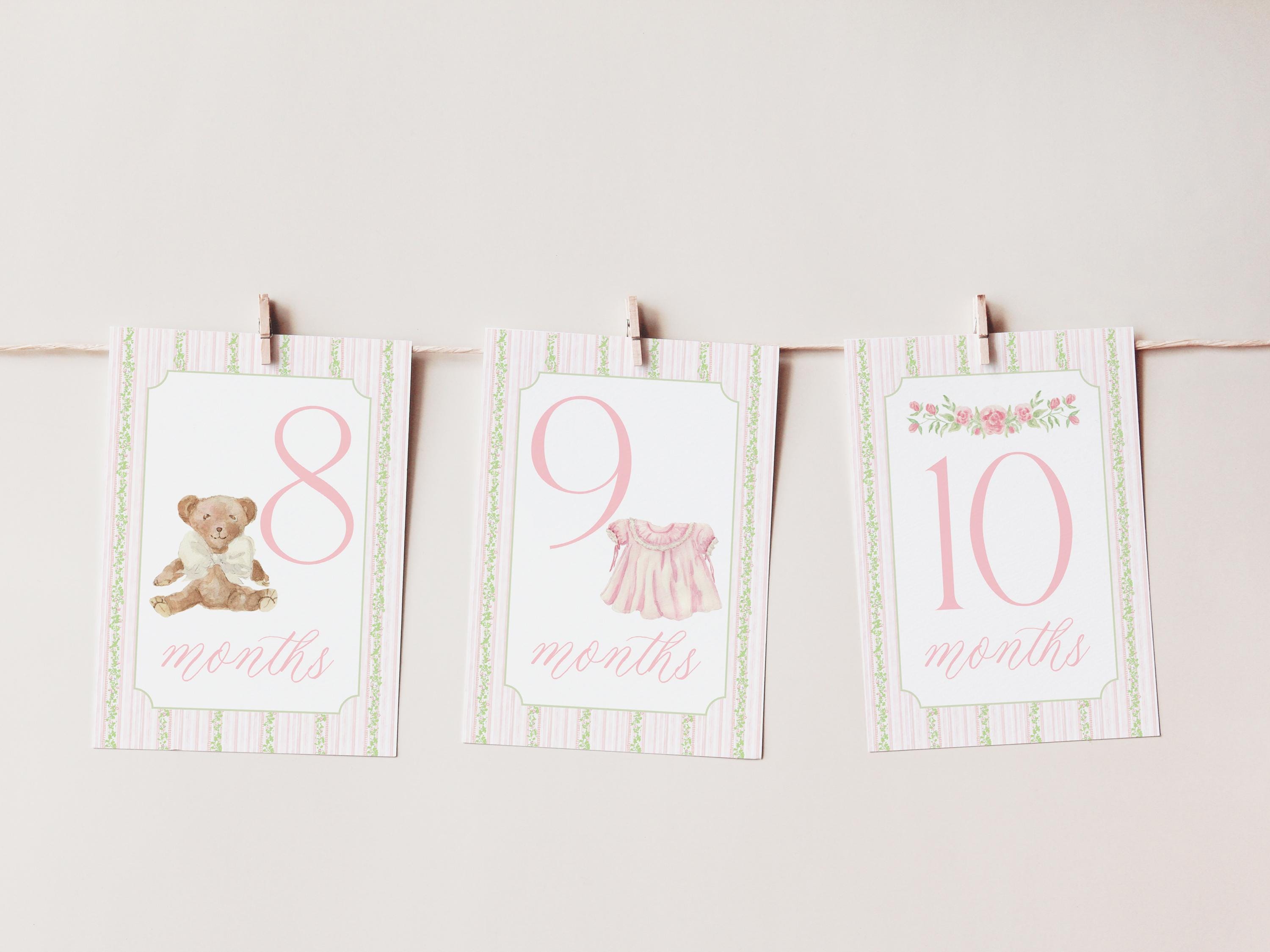 Baby Girl Milestone Cards, Watercolor Pink Green Floral Milestone Cards ...