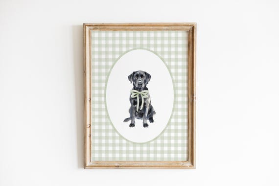 Black Labrador Retriever Nursery Decor, Watercolor Lab Dog Nursery Print, Baby Boy Nursery, Sage Green Gingham Wall Print, Girl Bow Wall Art