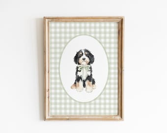 May include: A framed print of a black and brown dog wearing a green bow tie. The print is on a green and white gingham background.