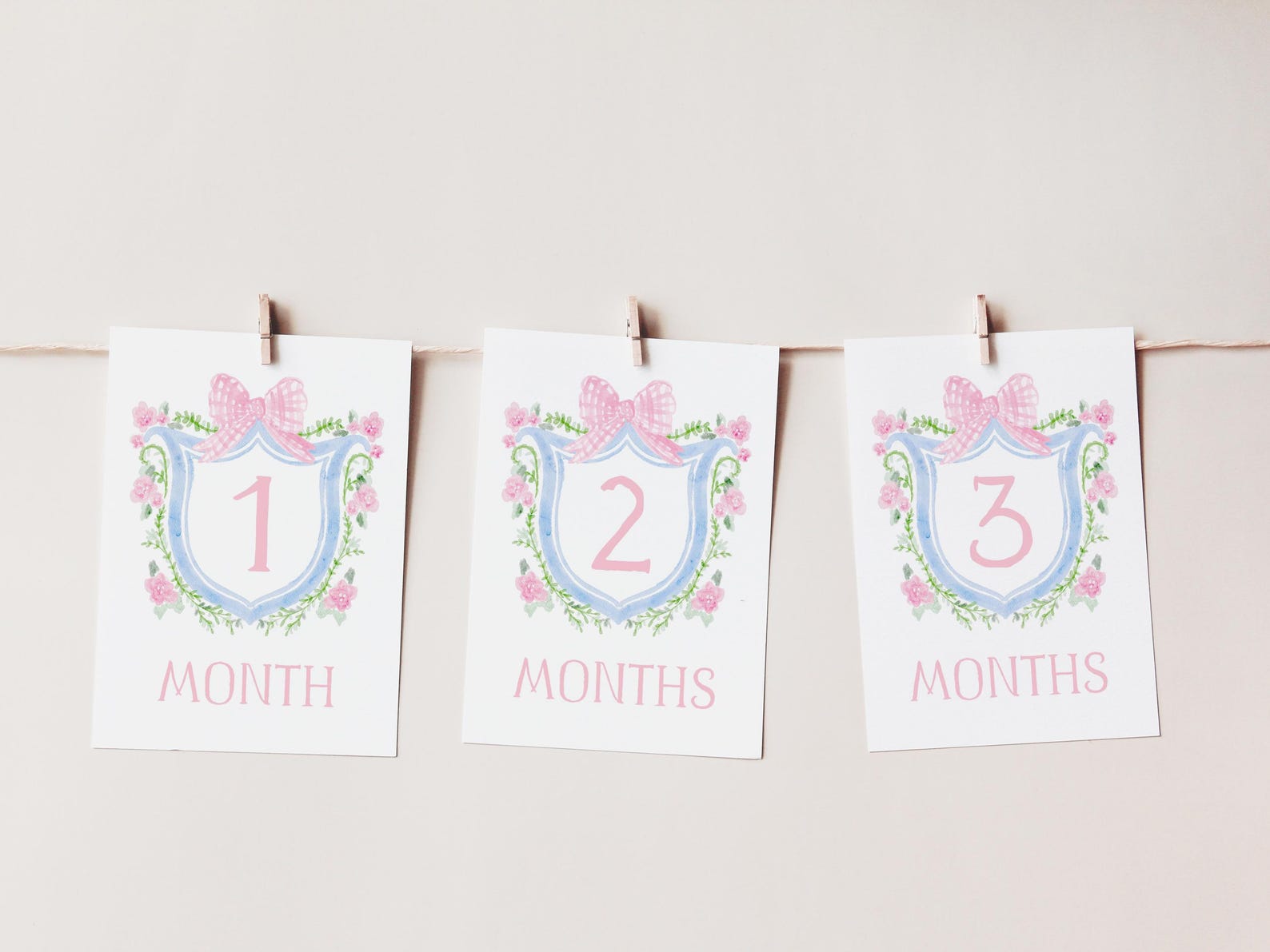 Baby Girl Milestone Cards, Watercolor Pink Floral Crest Milestone Cards ...