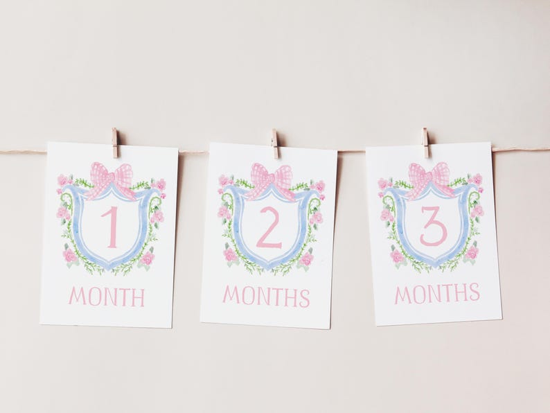 Baby Girl Milestone Cards, Watercolor Pink Floral Crest Milestone Cards ...