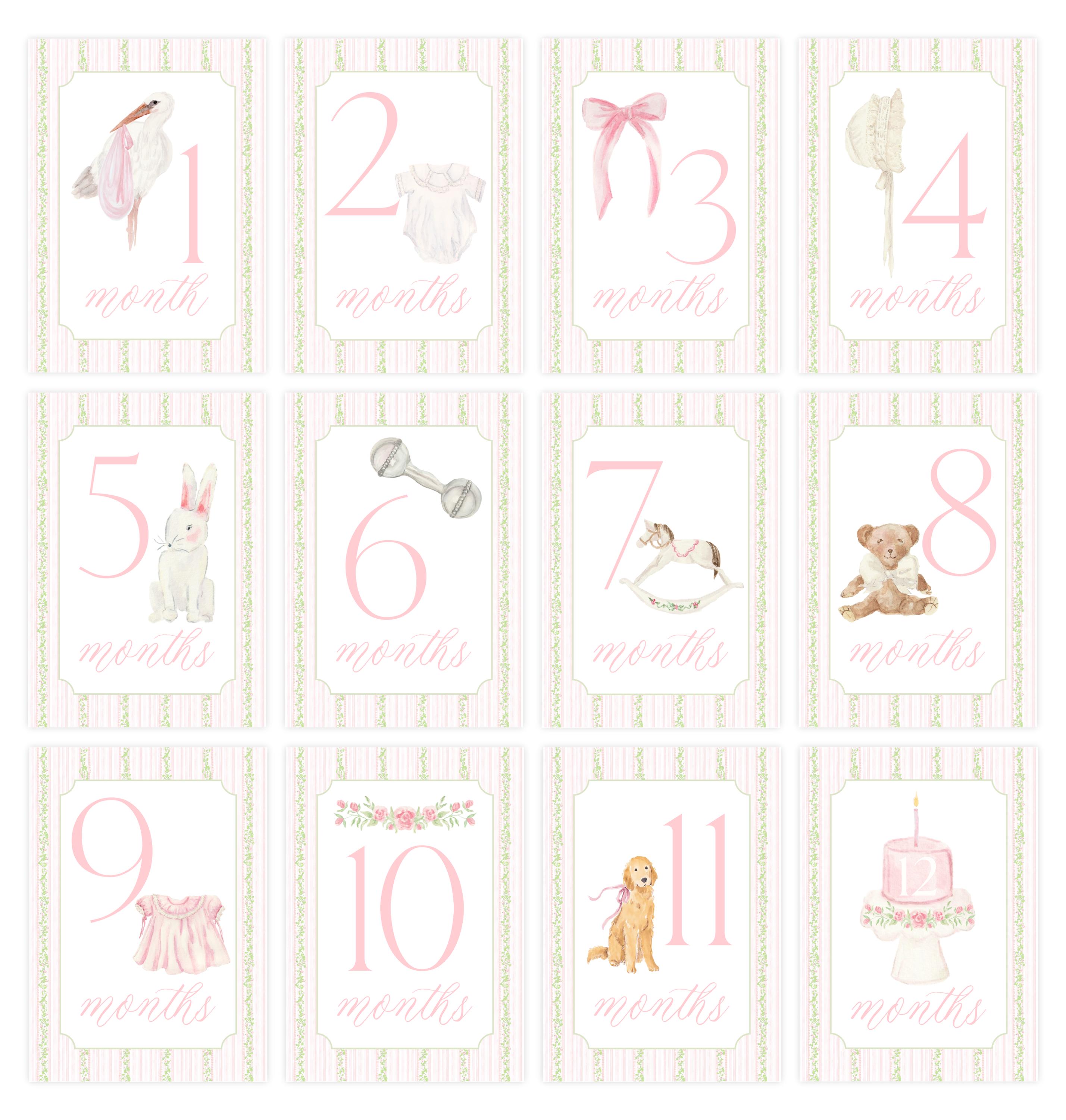 Baby Girl Milestone Cards, Watercolor Pink Green Floral Milestone Cards ...