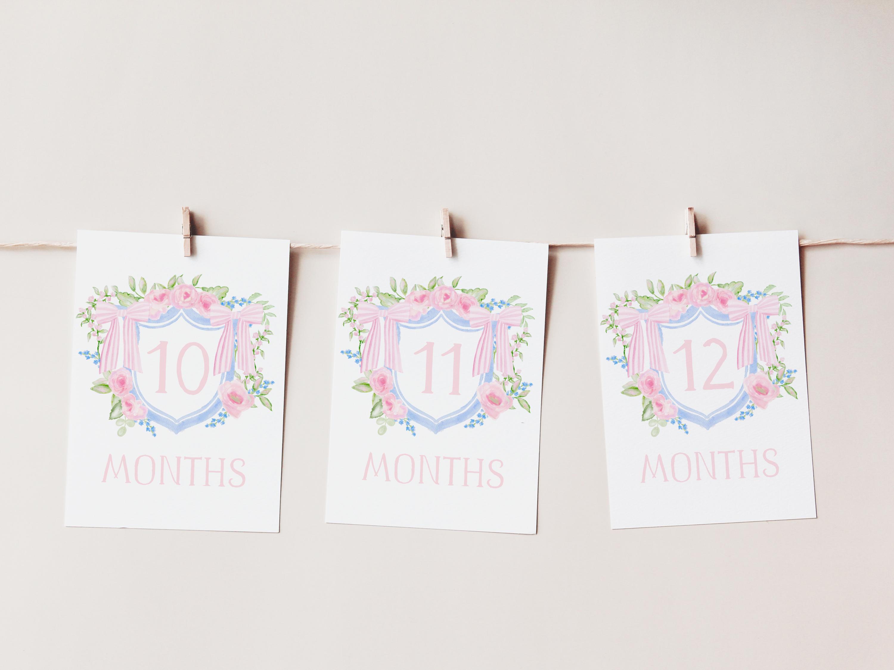 Baby Girl Milestone Cards, Watercolor Pink Floral Crest Milestone Cards ...